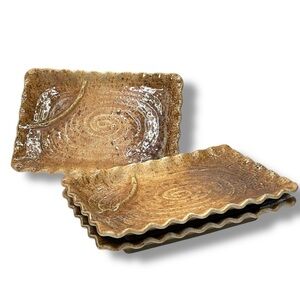 Japanese Set of 3 Vintage Tan Rectangular Scalloped Edge Sushi Plates Stamped 8"